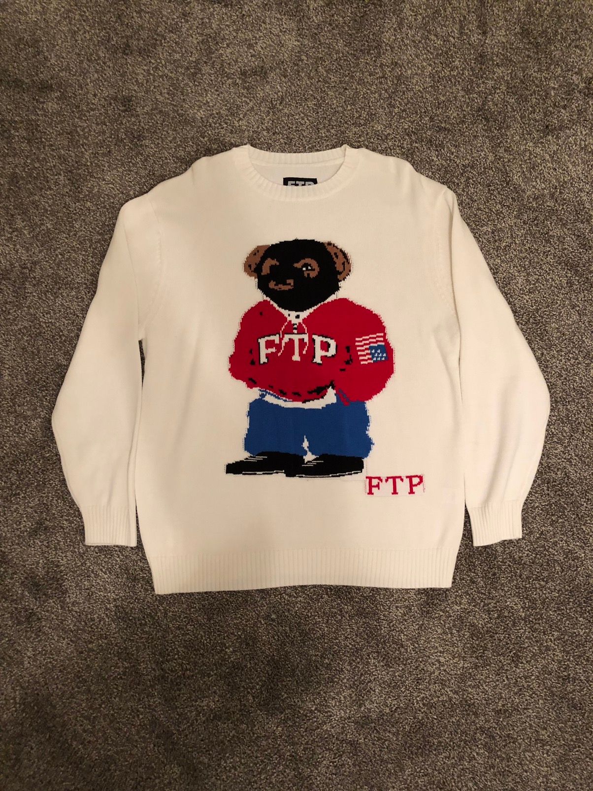 Pre-owned Fuck The Population Ftp Polo Bear Knit Sweater (l) In White