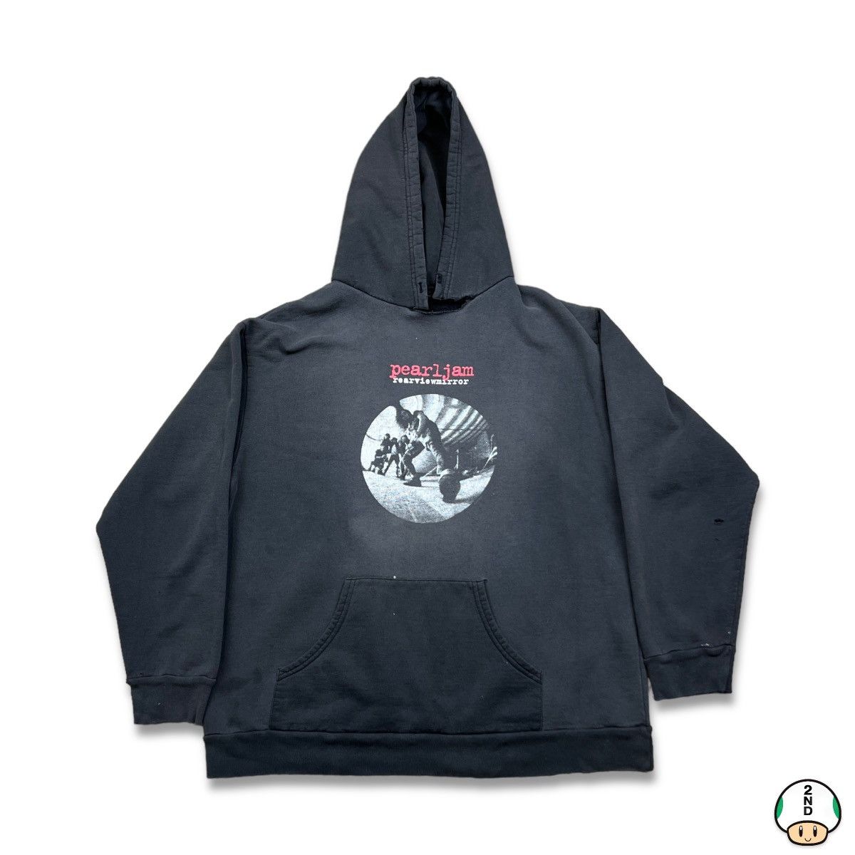 image of Band Tees x Rock T Shirt VTG 90's Faded Pearl Jam Rearviewmirror Thrashed Band Hoodie in Black (Siz