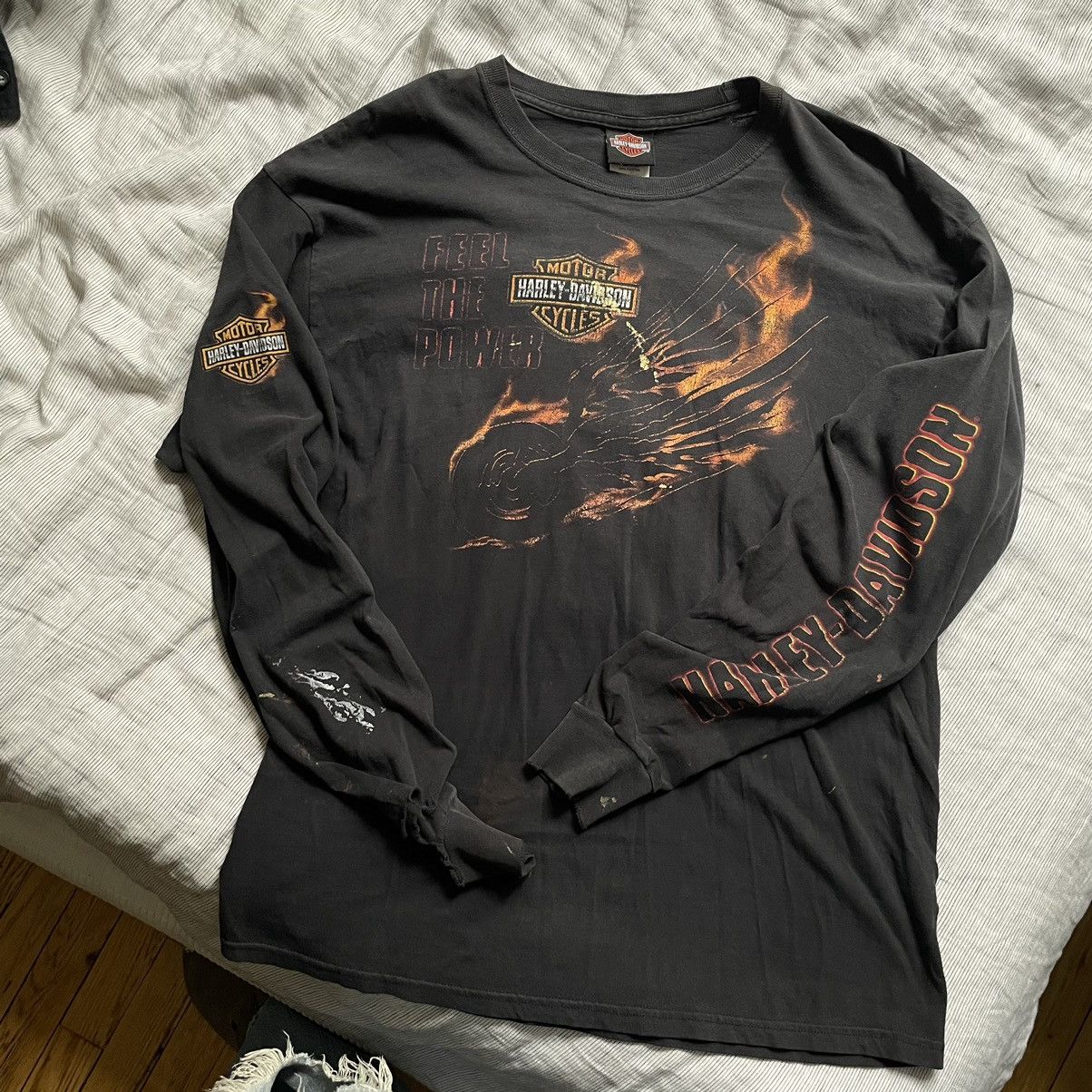 image of Harley Davidson x Vintage 00S Thrashed Harley Detroit Black Faded Longsleeve, Men's (Size XL)