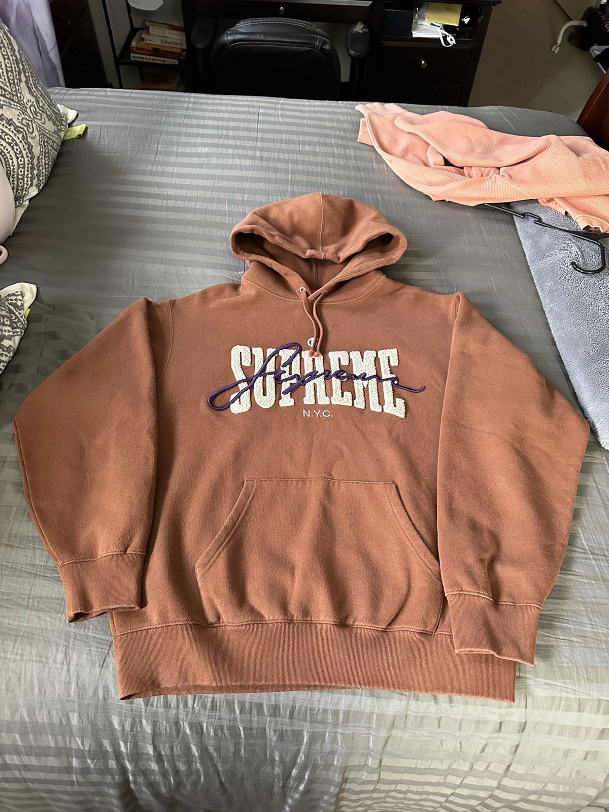 image of Supreme Embroidered Chenille Hooded Sweatshirt Brown, Men's (Size Medium)