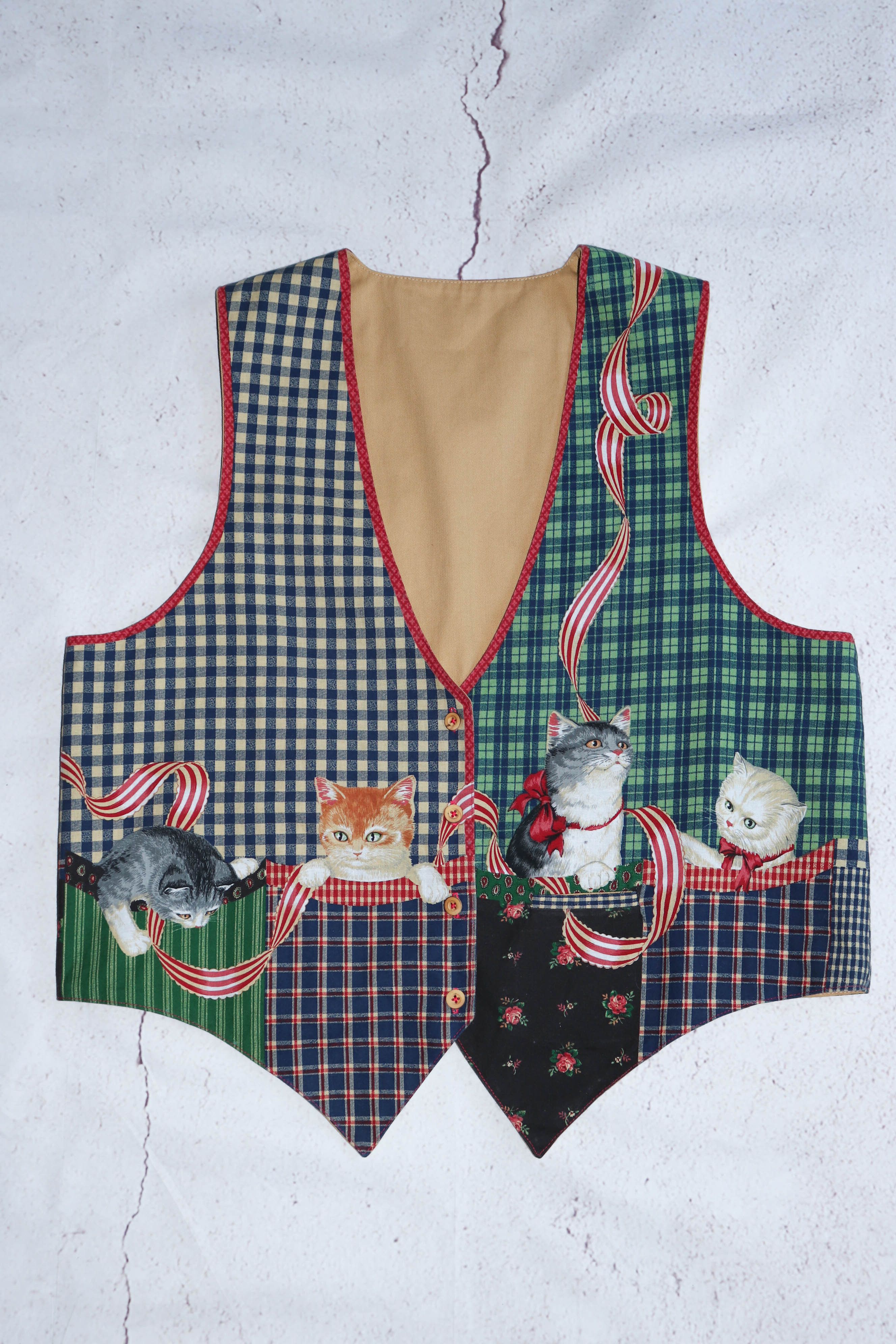 Vintage Vintage Kittens Cats Graphics Plaid Check Waistcoat Vest Size US XL / EU 56 / 4 - 1 Thumbnail