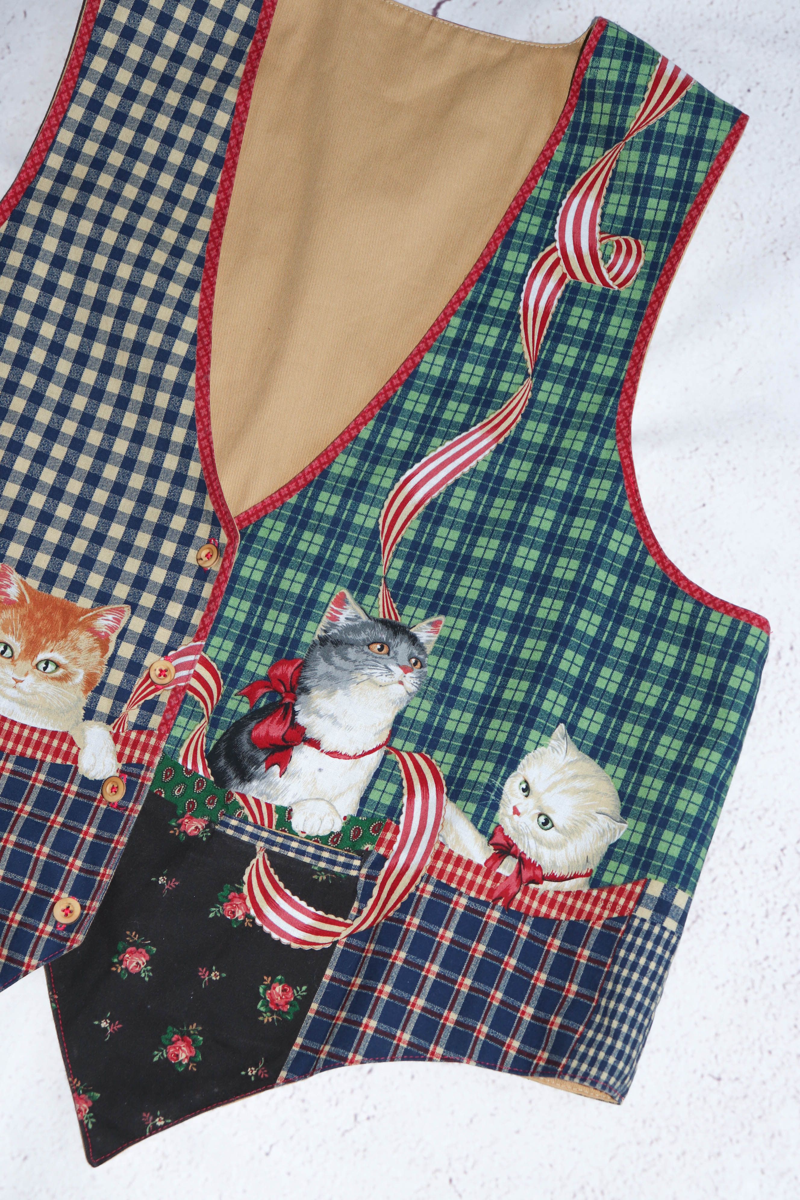Vintage Vintage Kittens Cats Graphics Plaid Check Waistcoat Vest Size US XL / EU 56 / 4 - 4 Thumbnail