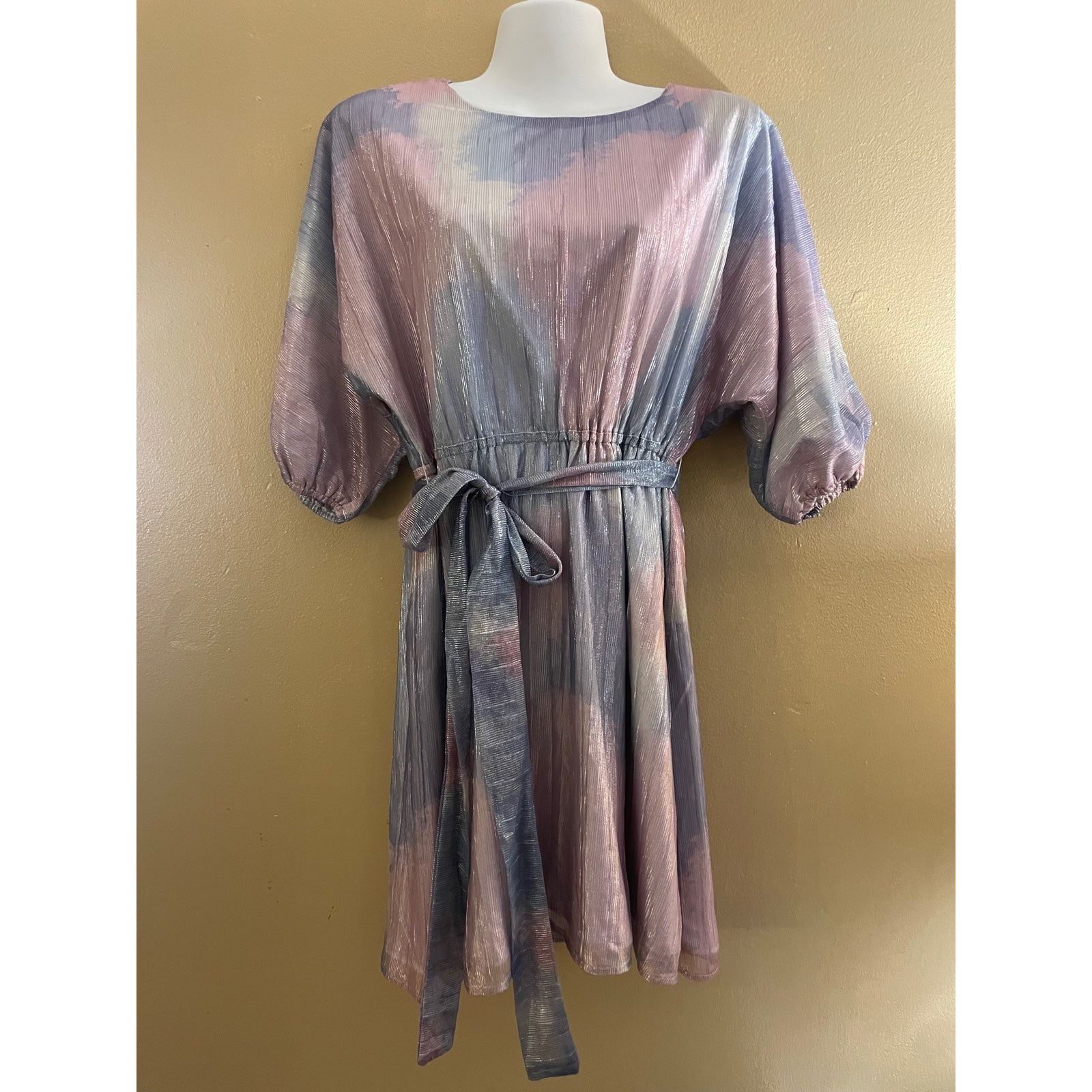 New Storia Balloon Sleeve Multi Color Mini Belted Dress Size