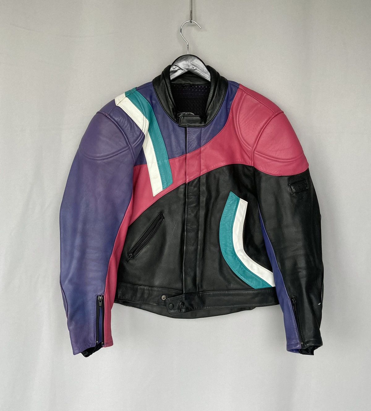 image of Leather Jacket x Moto Vintage Multicolor Genuine Leather Racing Jacket Y2K Biker in Black (Size XL)