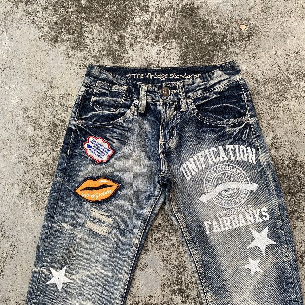 If Six Was Nine Vintage Japan Patchwork Honeycomb Punk Denim Jean Size US 30 / EU 46 - 7 Thumbnail
