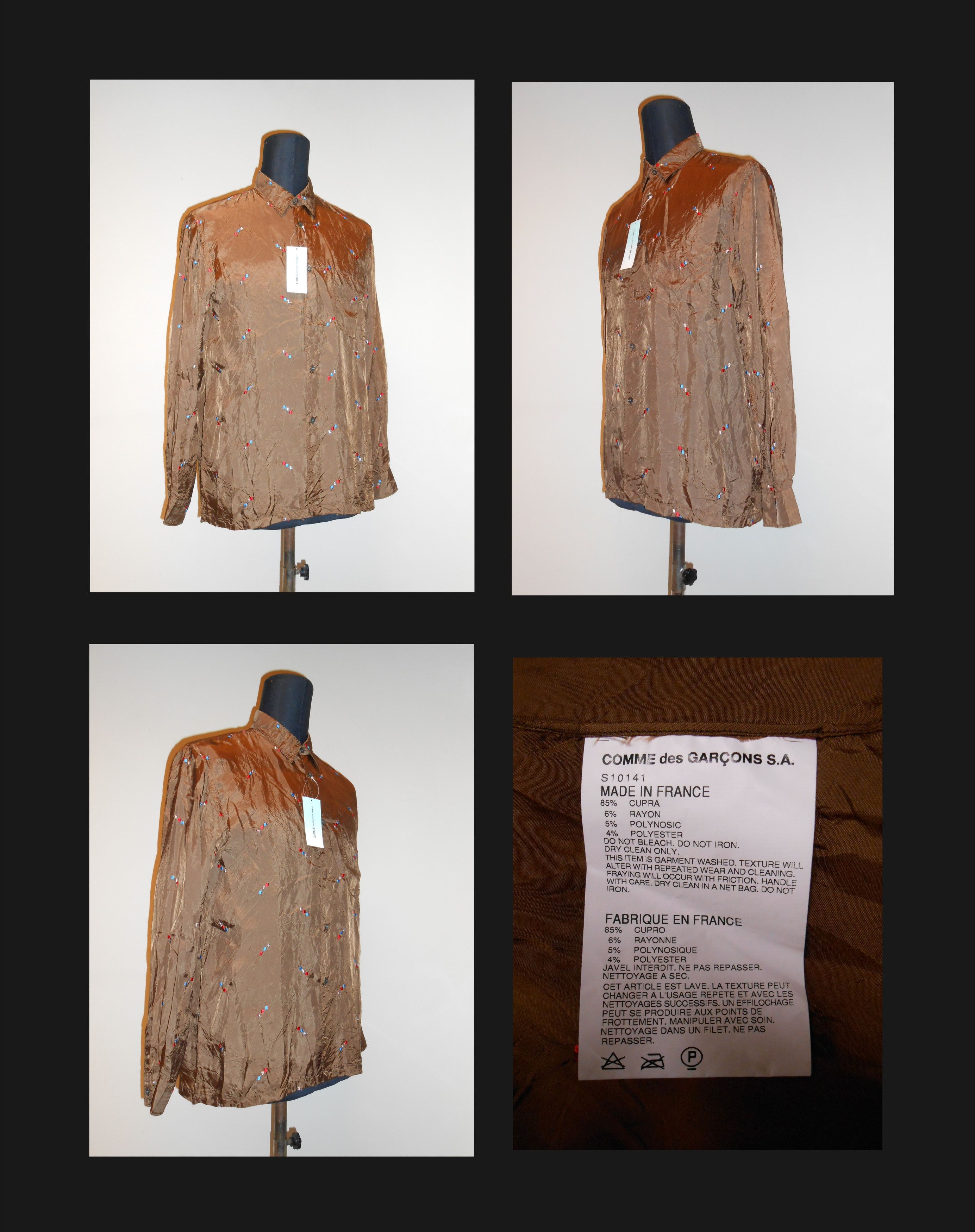 Comme des Garcons '90s LONG SLEEVE LUXURY BRIGHT BRILLIANT BRONZE BROWN EMBROIDERED SHIRT Size US S / EU 44-46 / 1 - 2 Thumbnail