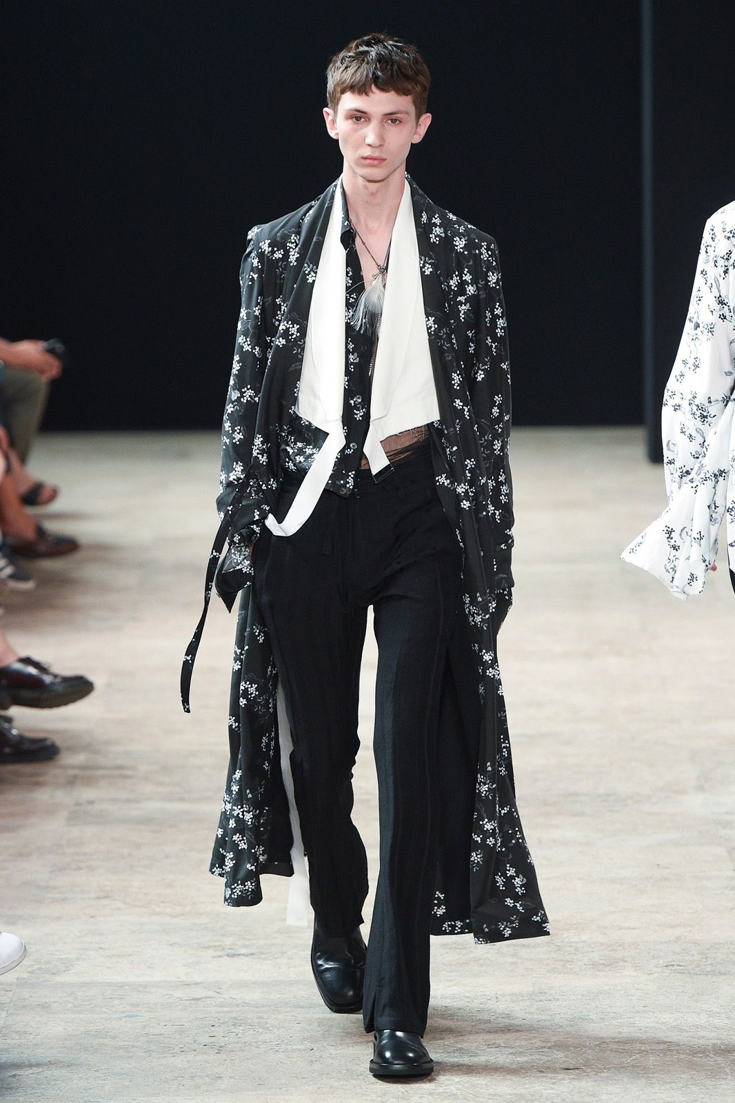 Pre-owned Ann Demeulemeester 18ss Floral Silk Blend Long Robe Coat In Black