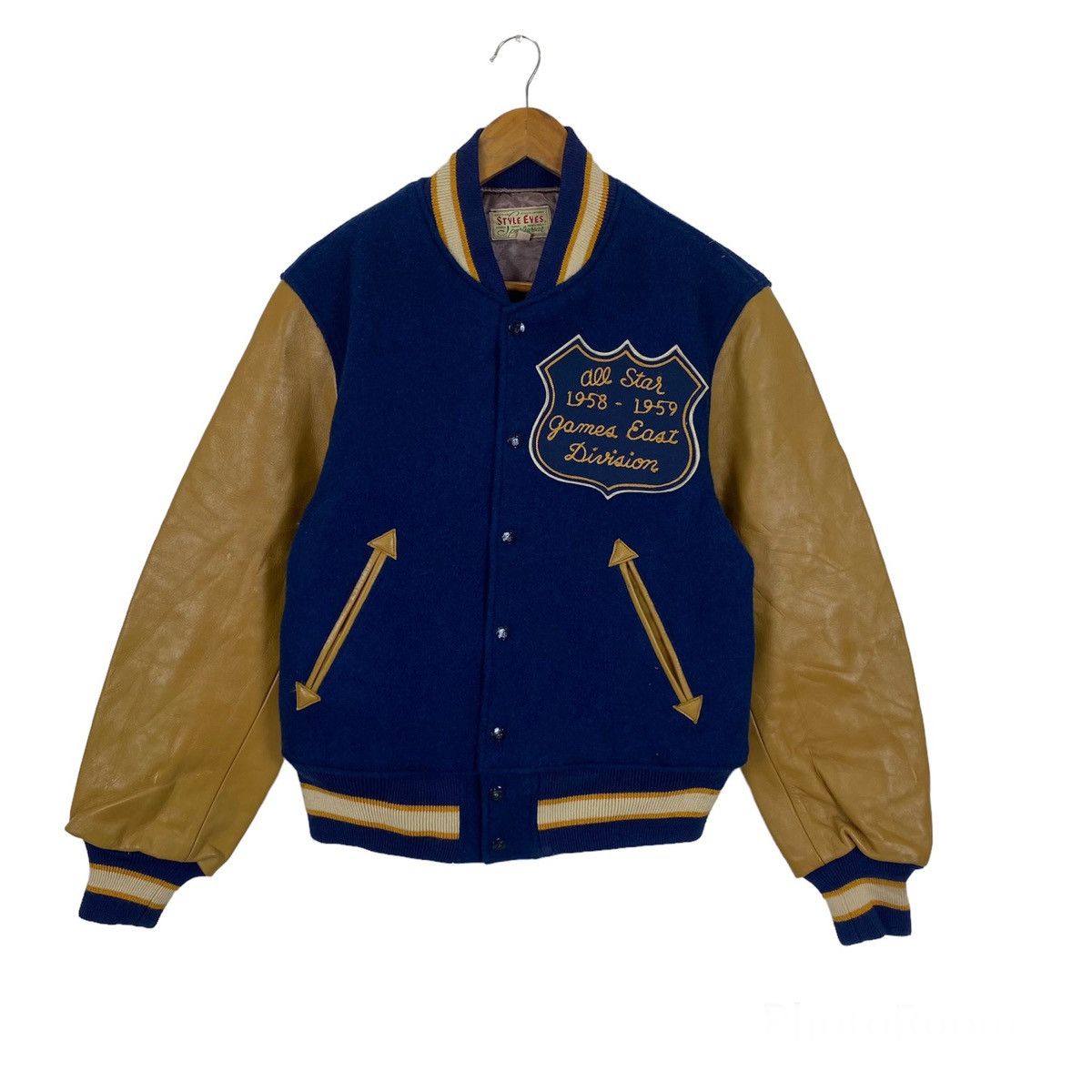 image of Toyo Enterprises x Varsity Jacket Style Eyes Wool Leather Sleeve Varsity Jacket, Men's (Size Medium