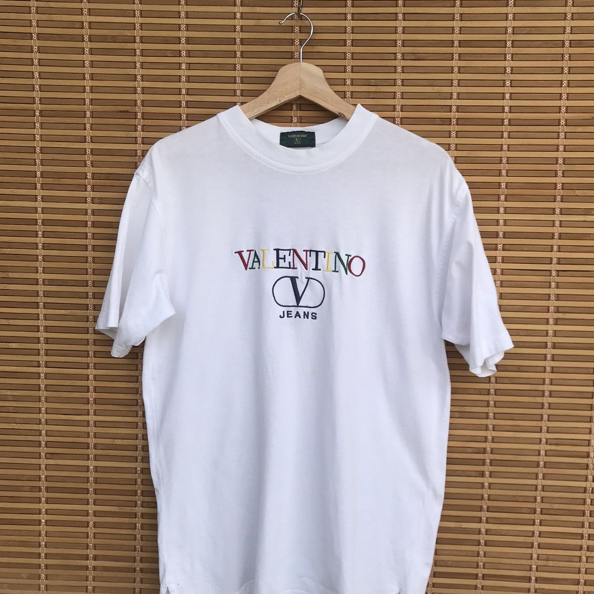 image of 90's Valentino Multicolor Embroidery Logo in White, Men's (Size Medium)