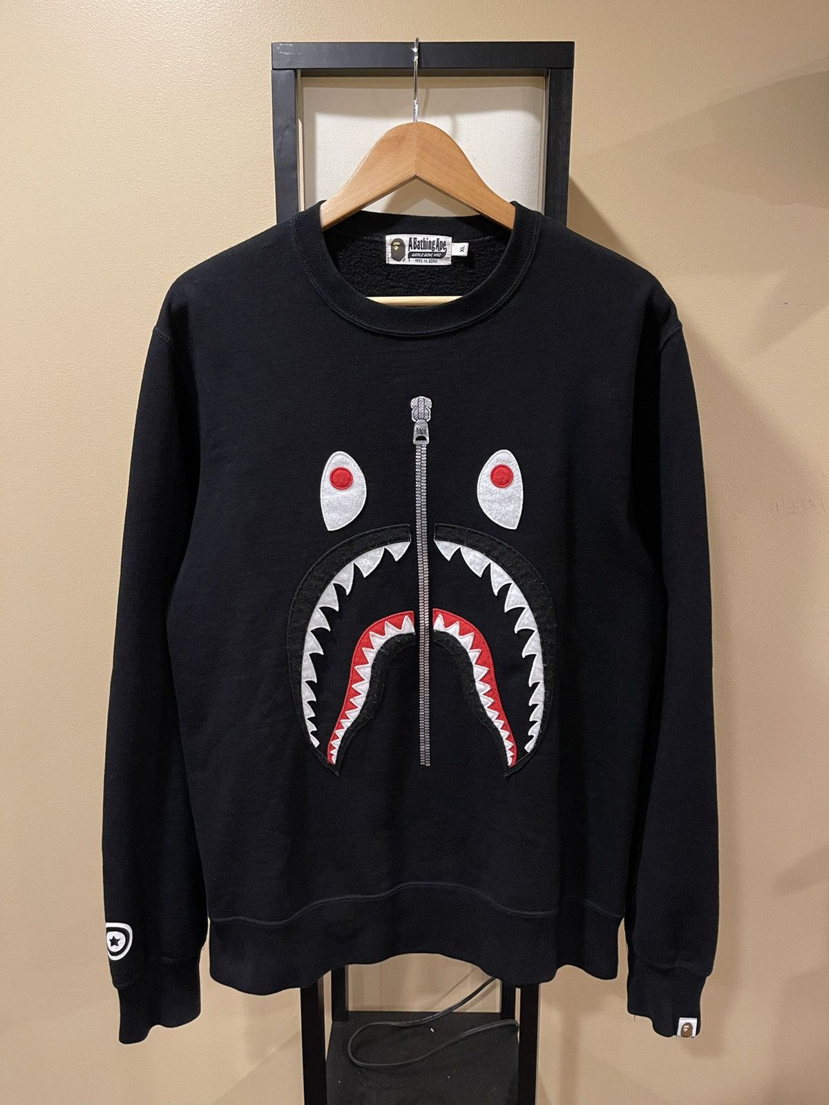 image of Bape Zip Shark Face Logo Black Crewneck Sweatshirt, Men's (Size XL)