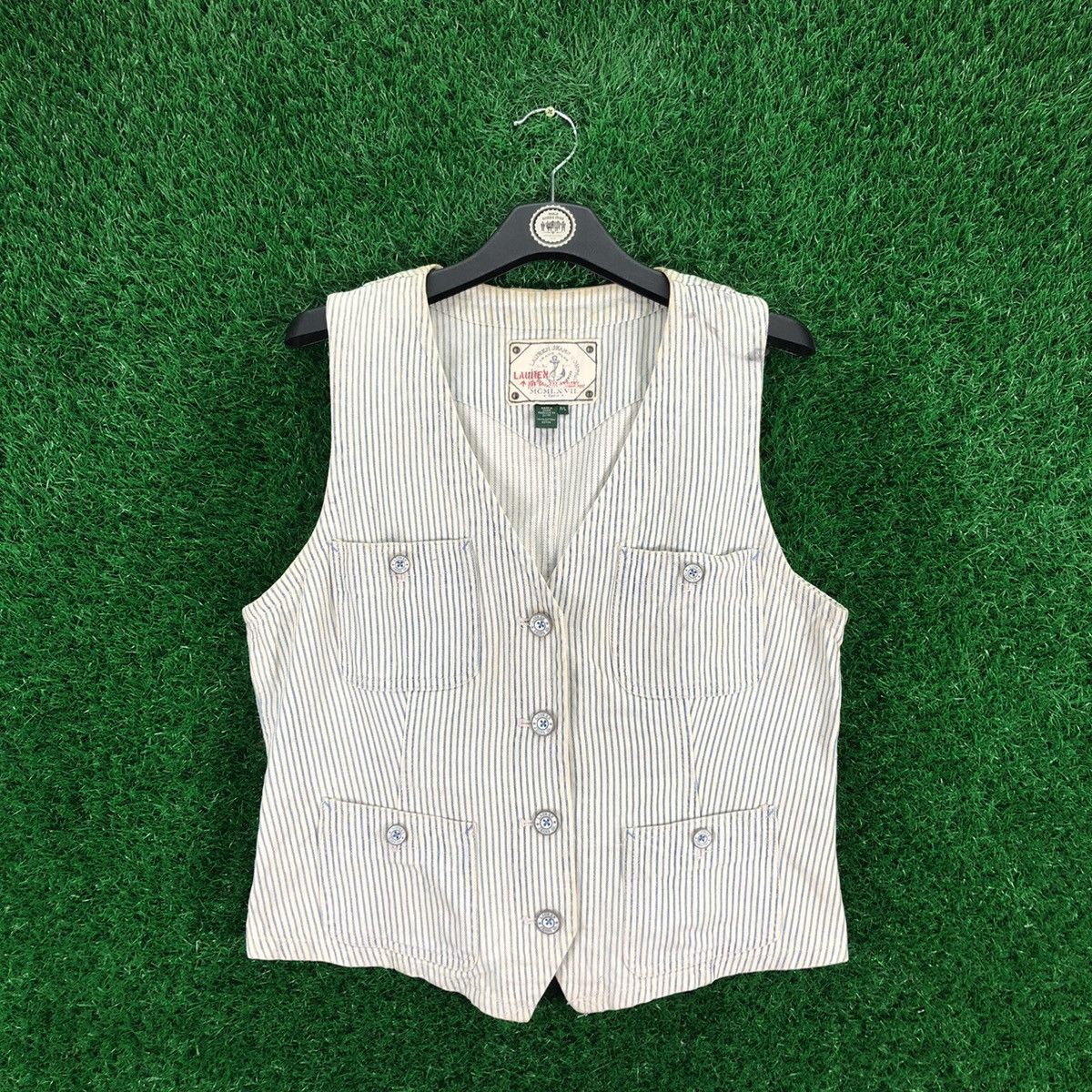 Vintage Lauren Jeans Hickory Stripe Denim Vest Buckle Back