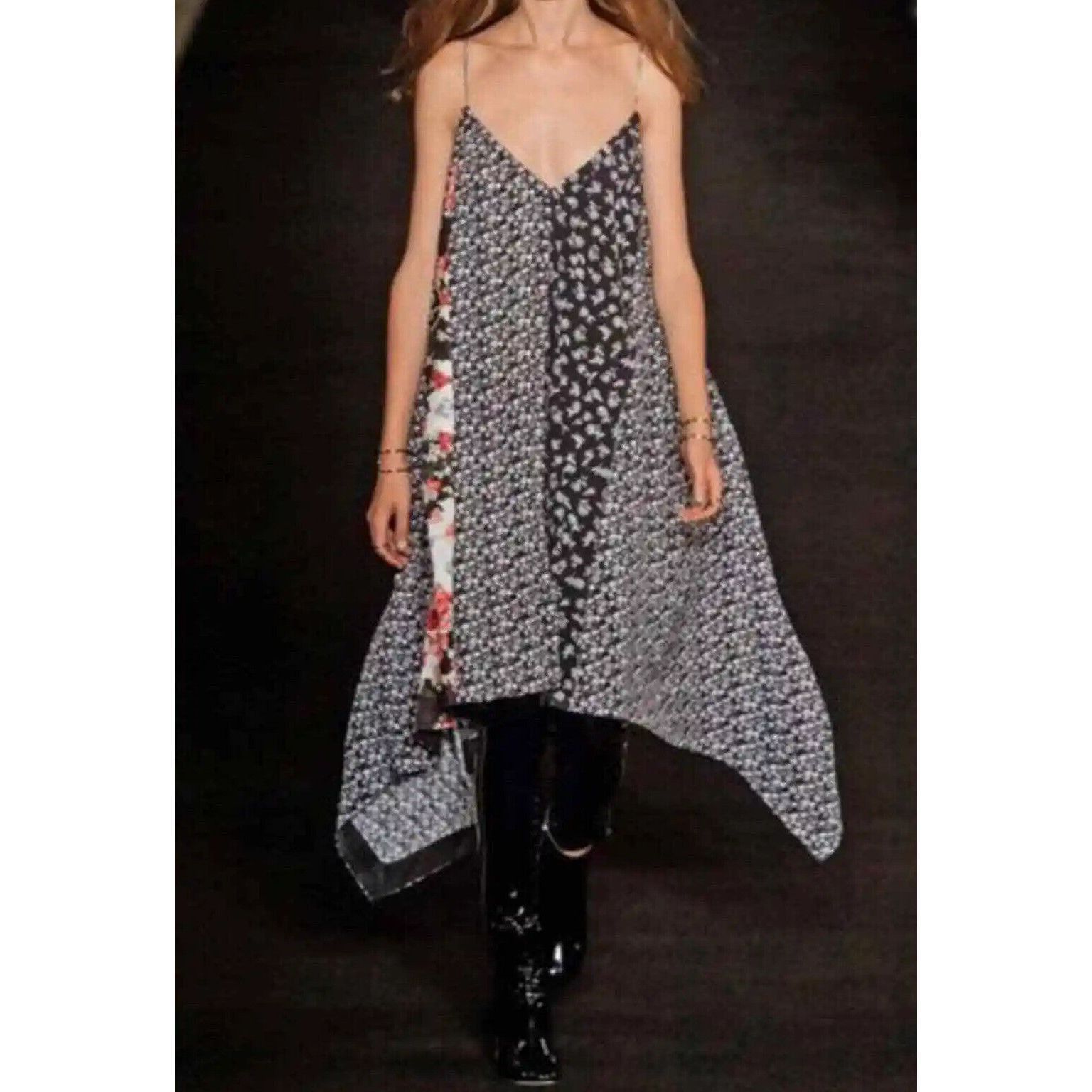 RAG & BONE Floral Midi Dress Chain Straps Women's Black Lond