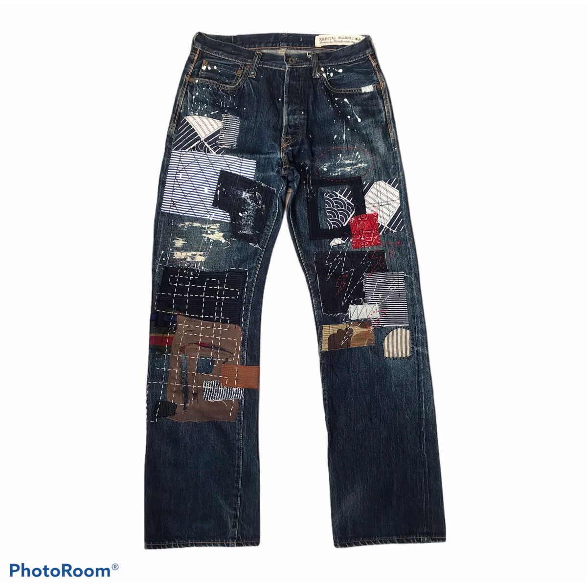 image of Kapital Boro Sashiko Electro Patchwork Selvedge Reworked in Blue, Men's (Size 30)