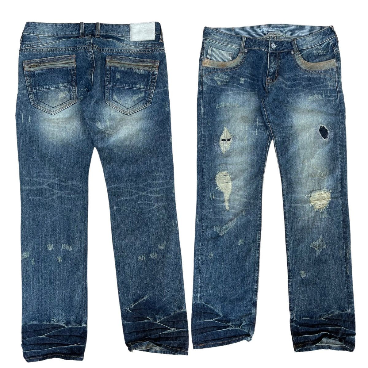 image of Distressed Denim x Hysteric Glamour Standard Of Urban Japanese Distressed Ripped Flare Jeans 34 in 