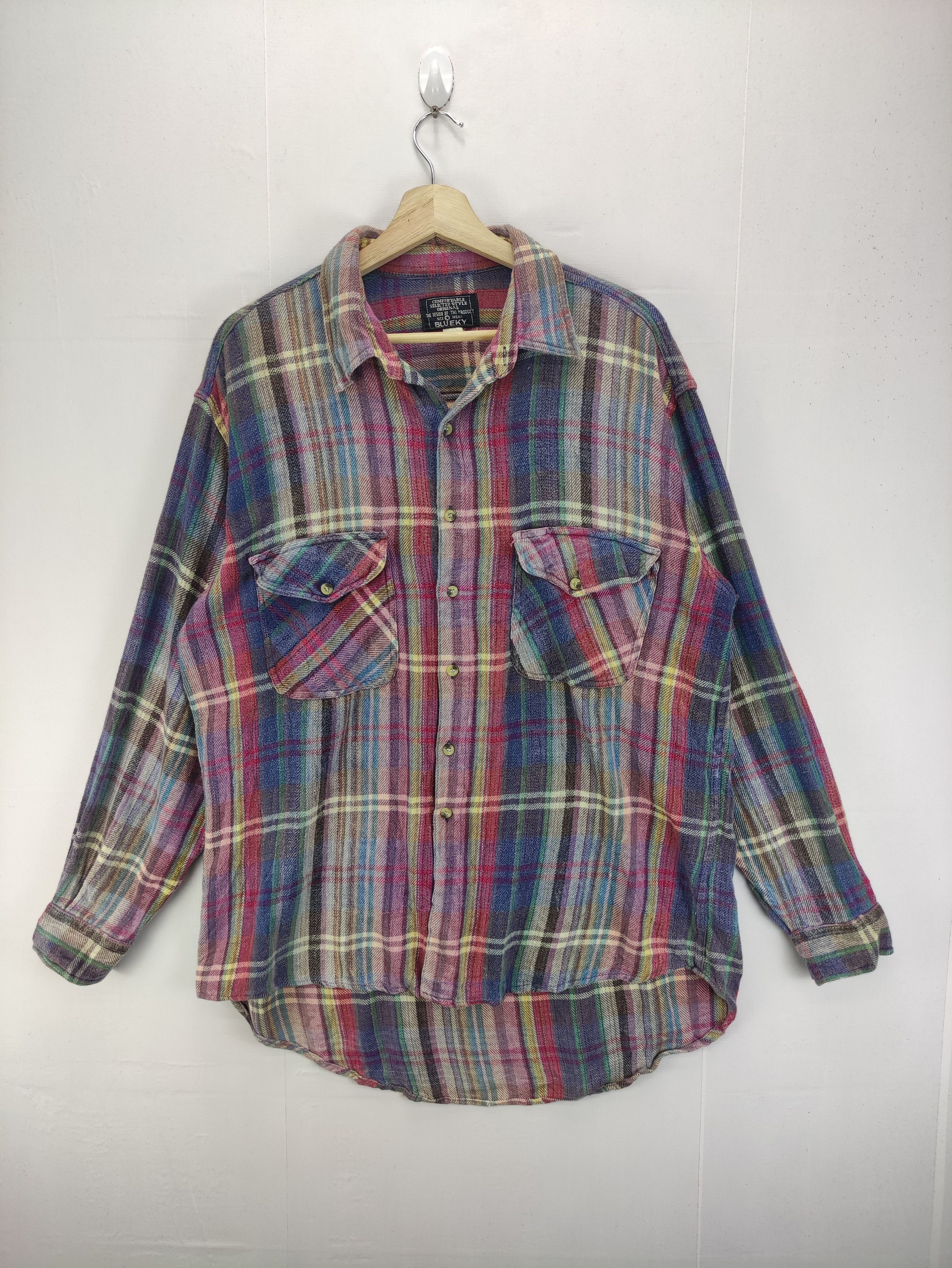Japanese Brand Vintage Flannel Blueky multicolour Shirt Button Up Size US L / EU 52-54 / 3 - 1 Thumbnail