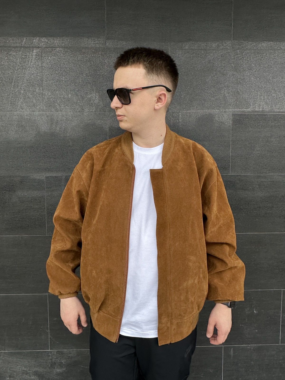 YSL Style Logo mens brown suede leather jacket