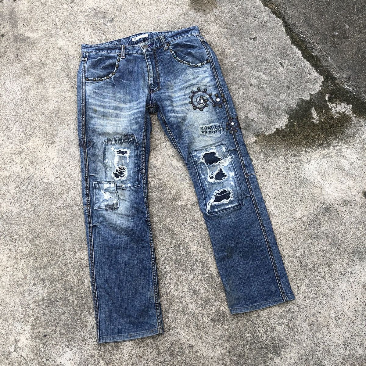 🔥Thrash🔥🇯🇵Global Work Spike Zipper Rips Distress Denim Jeans