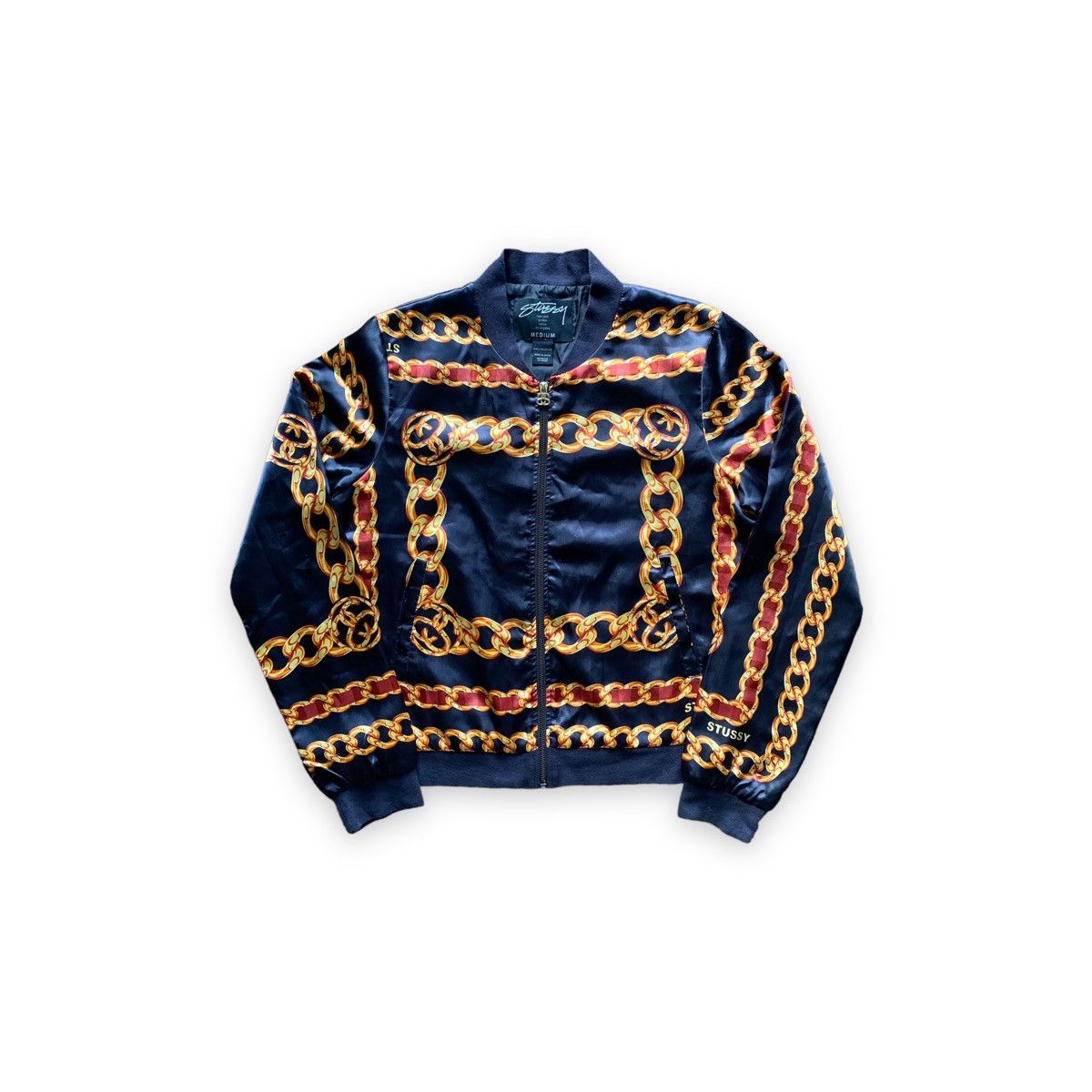 image of Stussy Cc Chain Rip Satin Bomber Jacket in Black Gold, Women's (Size Medium)