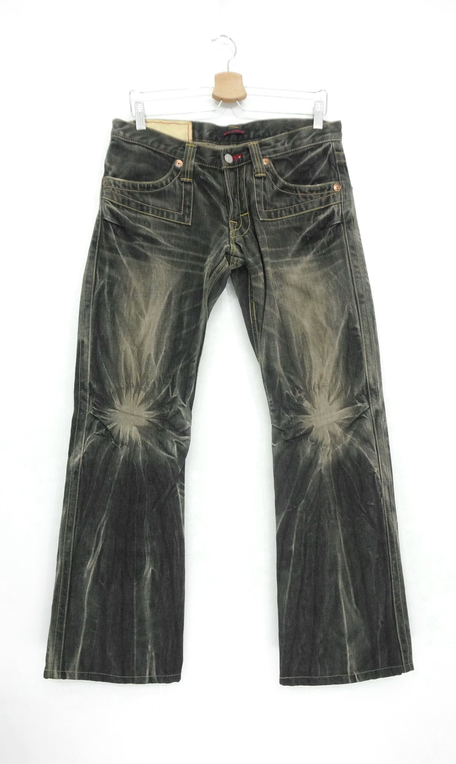 image of Distressed Denim x Vintage Blueway Nippon Vintage Worn Distressed Flared Jeans in Faded Black (Size