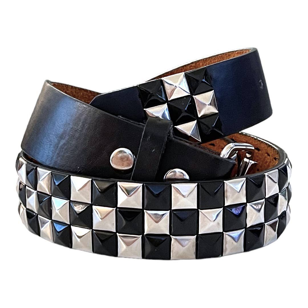 Streetwear Leather Checkered Pyramid Silver Studded Belt | Grailed