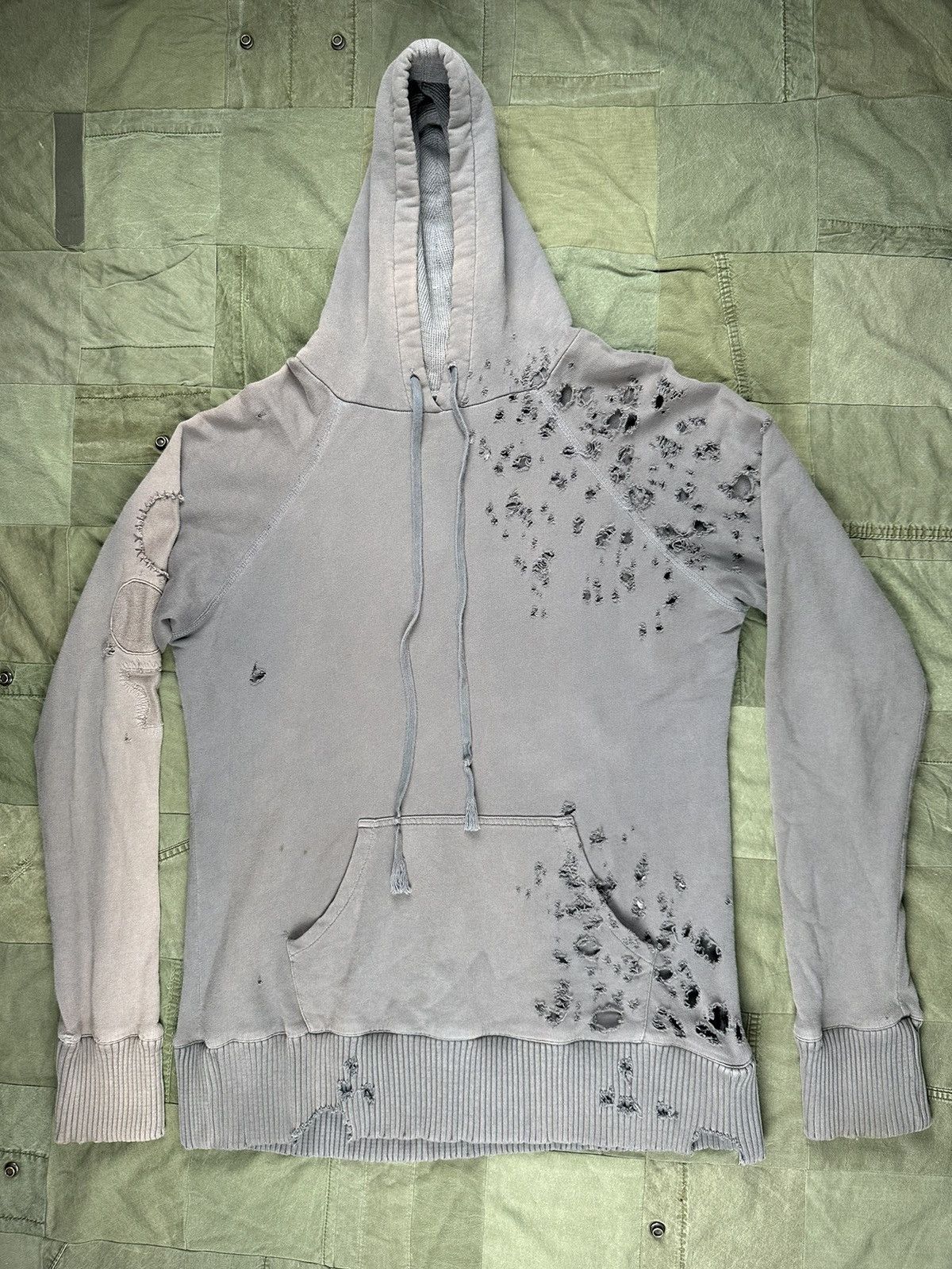image of Greg Lauren Destroyed Sun Faded Hoodie in Grey, Men's (Size Medium)