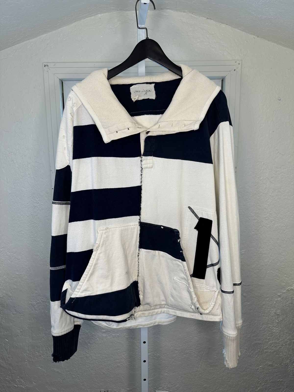 image of Greg Lauren Ss19 Rugby Hi-Tech Hoodie in White/Blue, Men's (Size Large)
