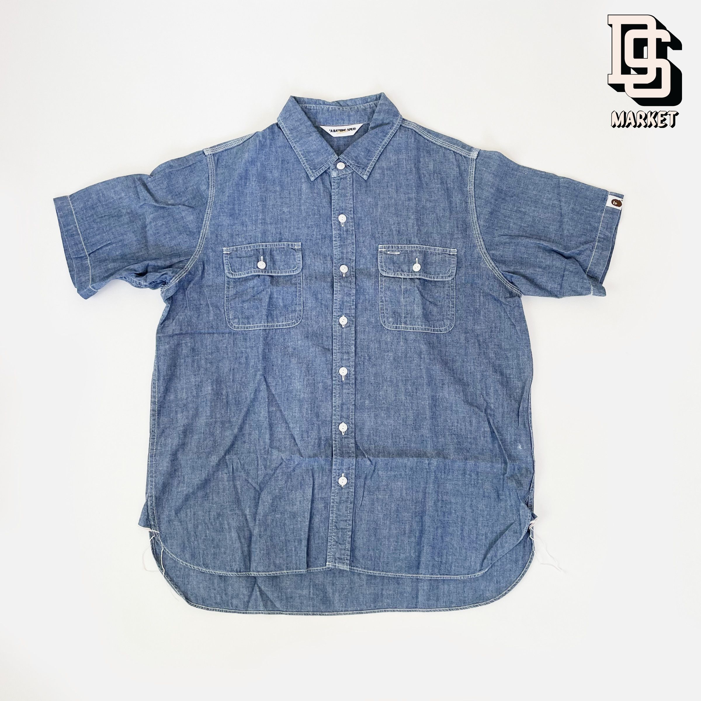 image of Bape x Nigo Chambray Button Up S/s Shirt in Blue, Men's (Size Large)