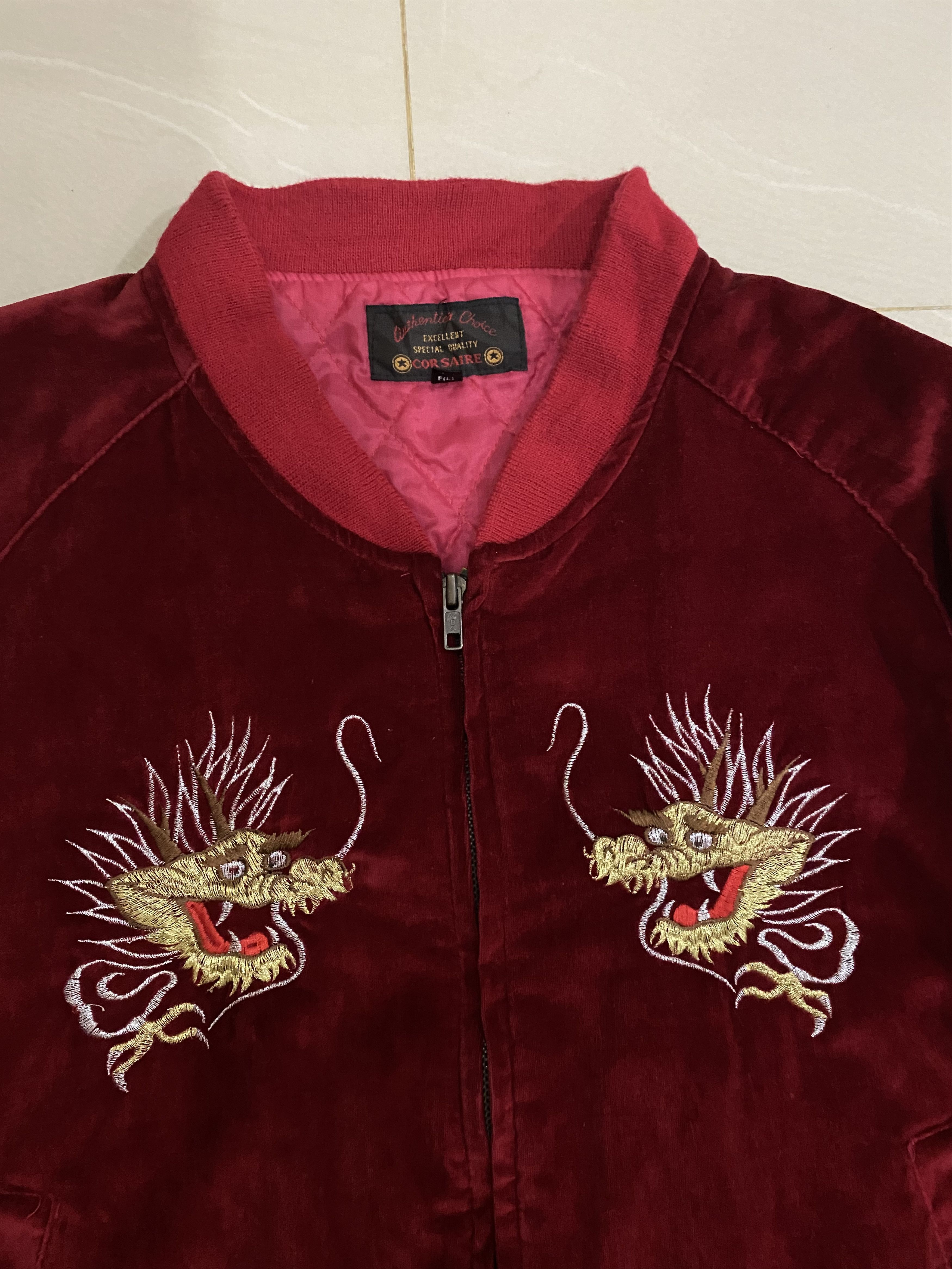 Japanese Brand Sukajan Jacket Red Velvet Embroidery Big Dragon Logo Rare Size US L / EU 52-54 / 3 - 5 Thumbnail