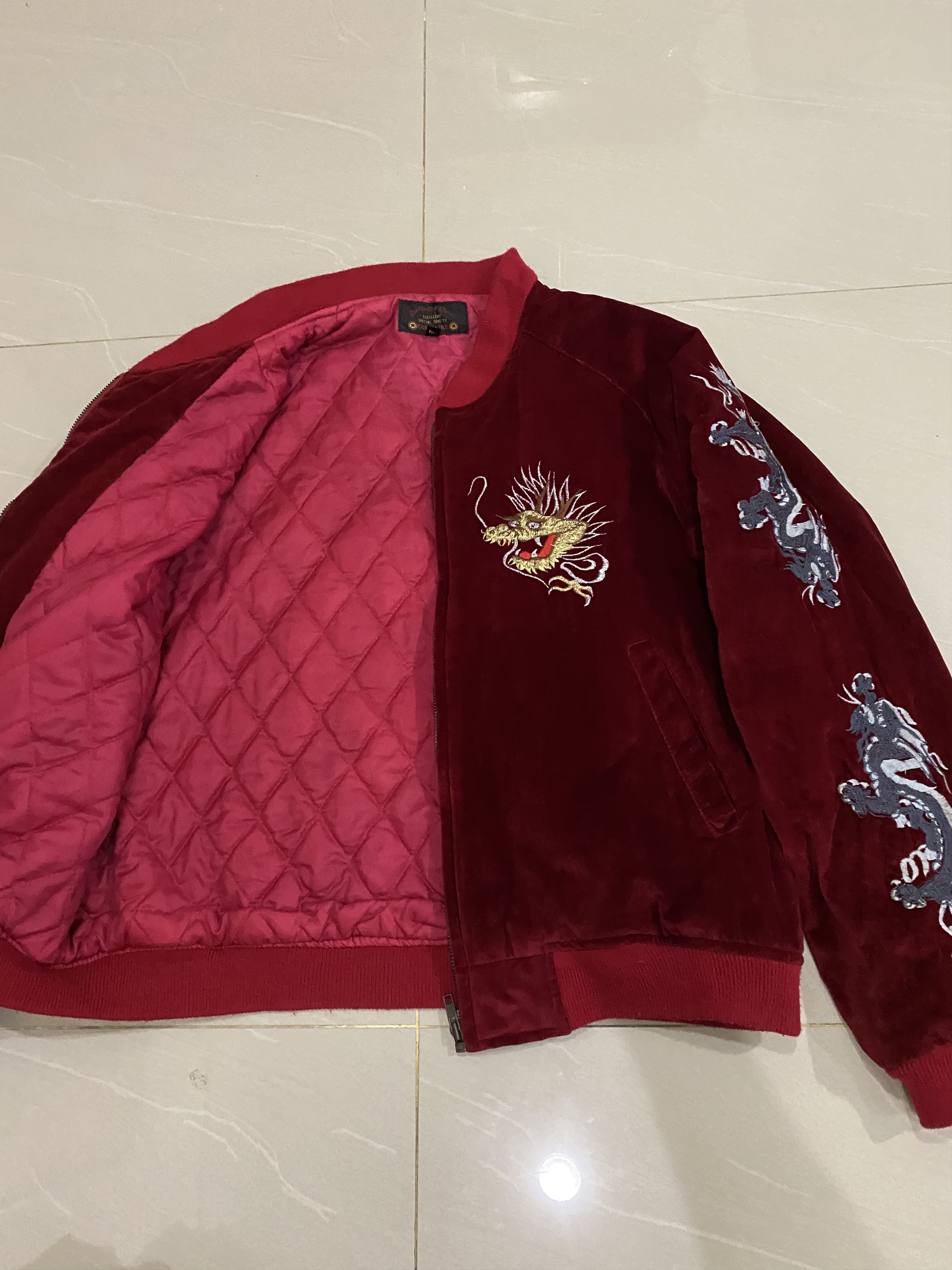 Japanese Brand Sukajan Jacket Red Velvet Embroidery Big Dragon Logo Rare Size US L / EU 52-54 / 3 - 3 Thumbnail