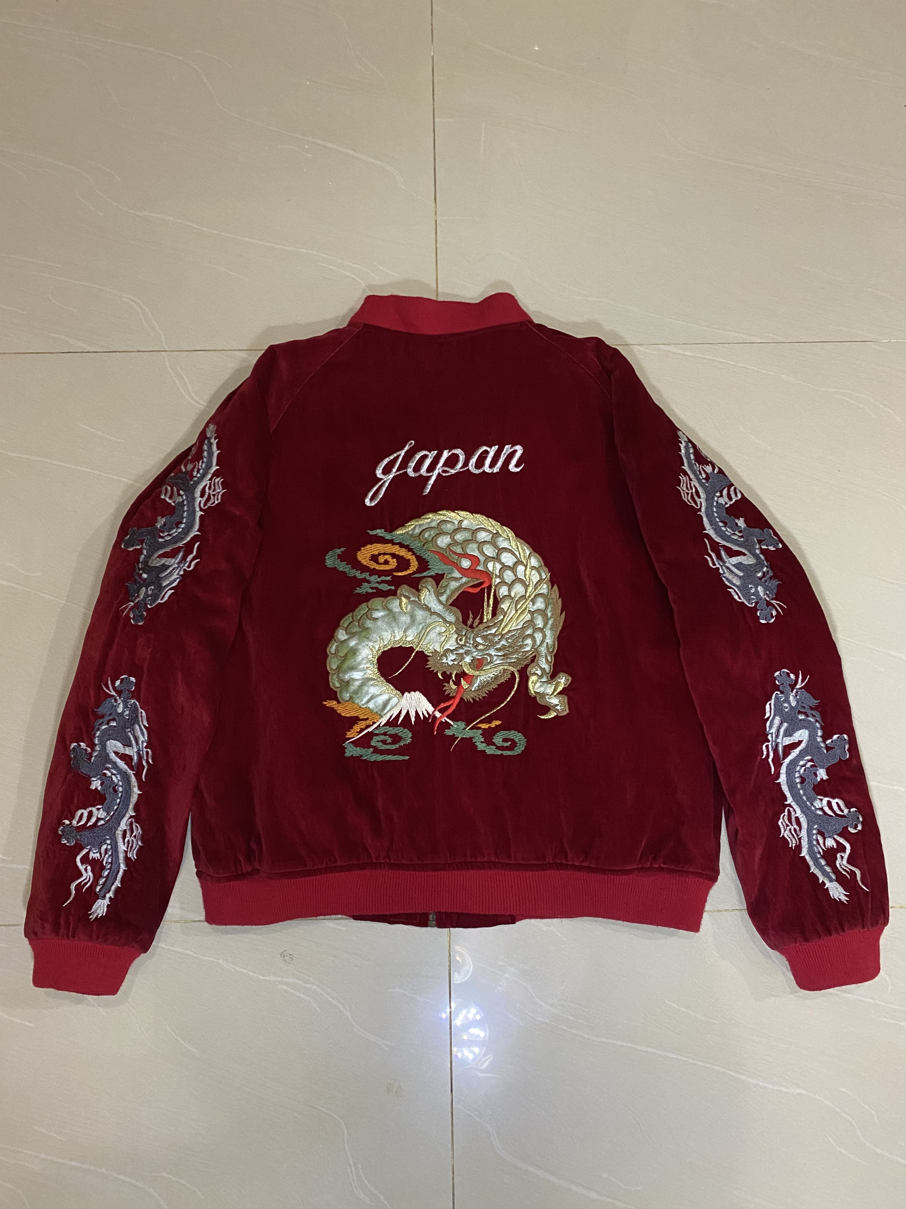 Japanese Brand Sukajan Jacket Red Velvet Embroidery Big Dragon Logo Rare Size US L / EU 52-54 / 3 - 1 Thumbnail