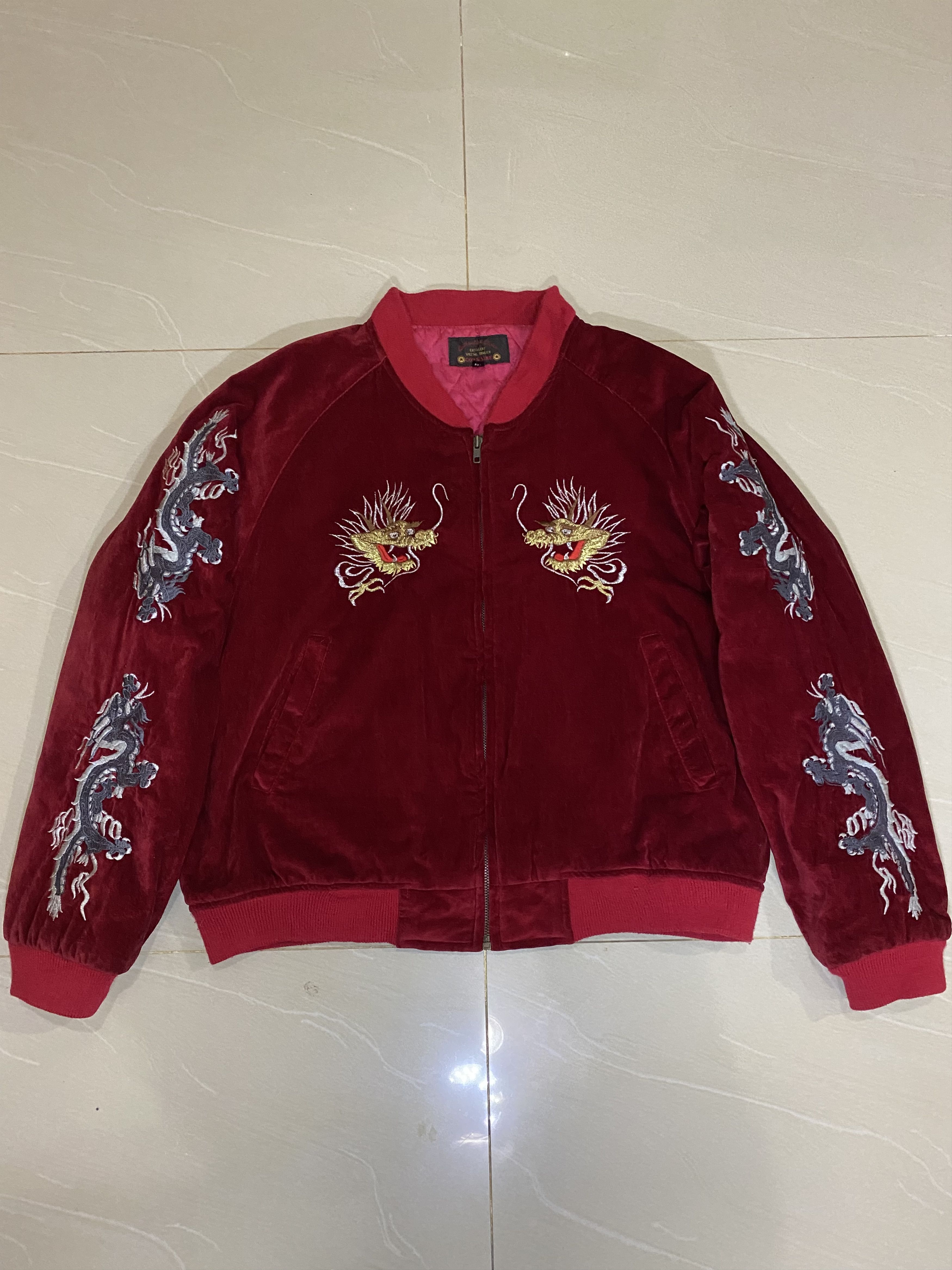 Japanese Brand Sukajan Jacket Red Velvet Embroidery Big Dragon Logo Rare Size US L / EU 52-54 / 3 - 2 Thumbnail