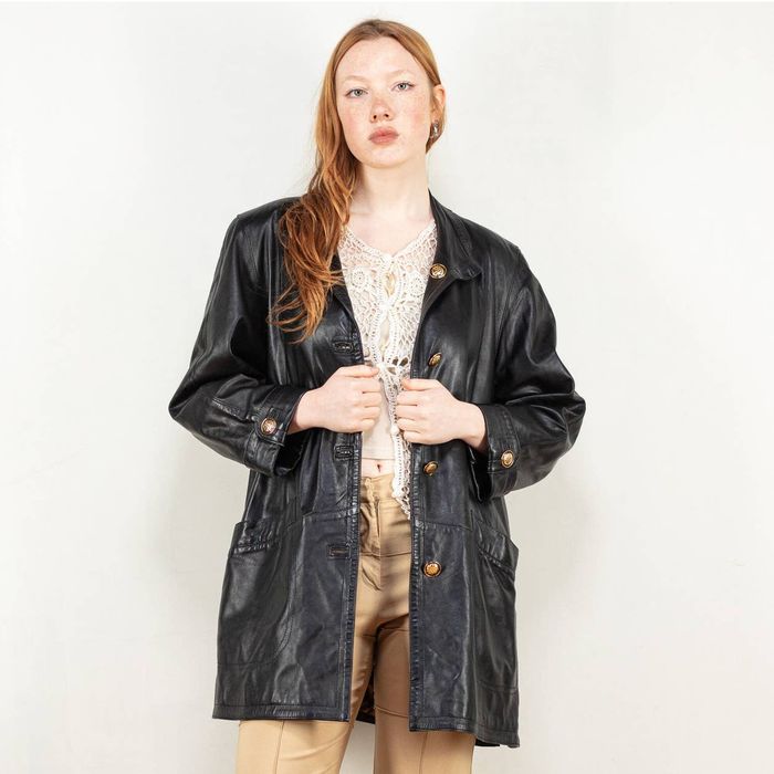 Manteau En Cuir Vintage Pour Femme - Taille 40 - Coupe Trench Marron Avec Col En Fourrure - Occasion TB