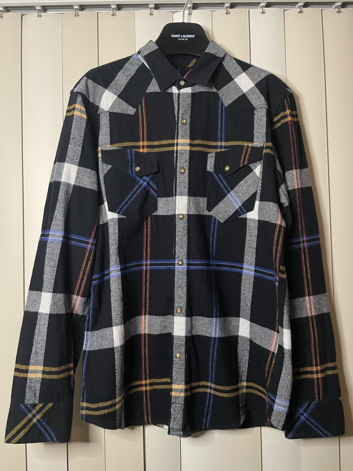 image of 00S Grunge Black White Plaid Snap Button Flannel, Men's (Size Medium)