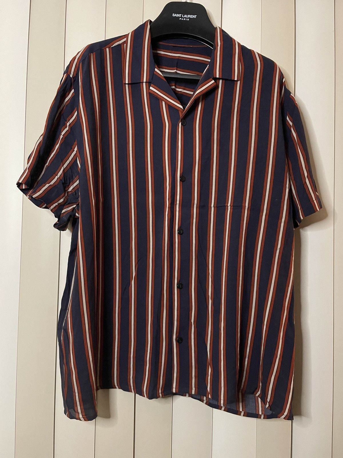 image of Vintage Silky Vertical Striped Camp Collar Button Up Shirt in Blue, Men's (Size Medium)
