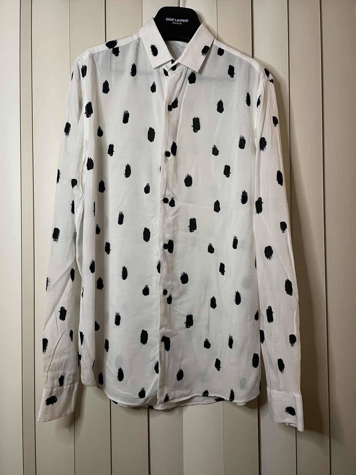 Image of Vintage Silky White Black Polka Dot Button Up, Men's (Size Small)