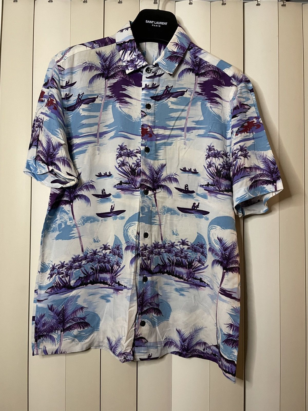 image of Hawaiian Shirt x Vintage Silky Hawaiian Button Up Shirt White/blue/purple, Men's (Size Small)