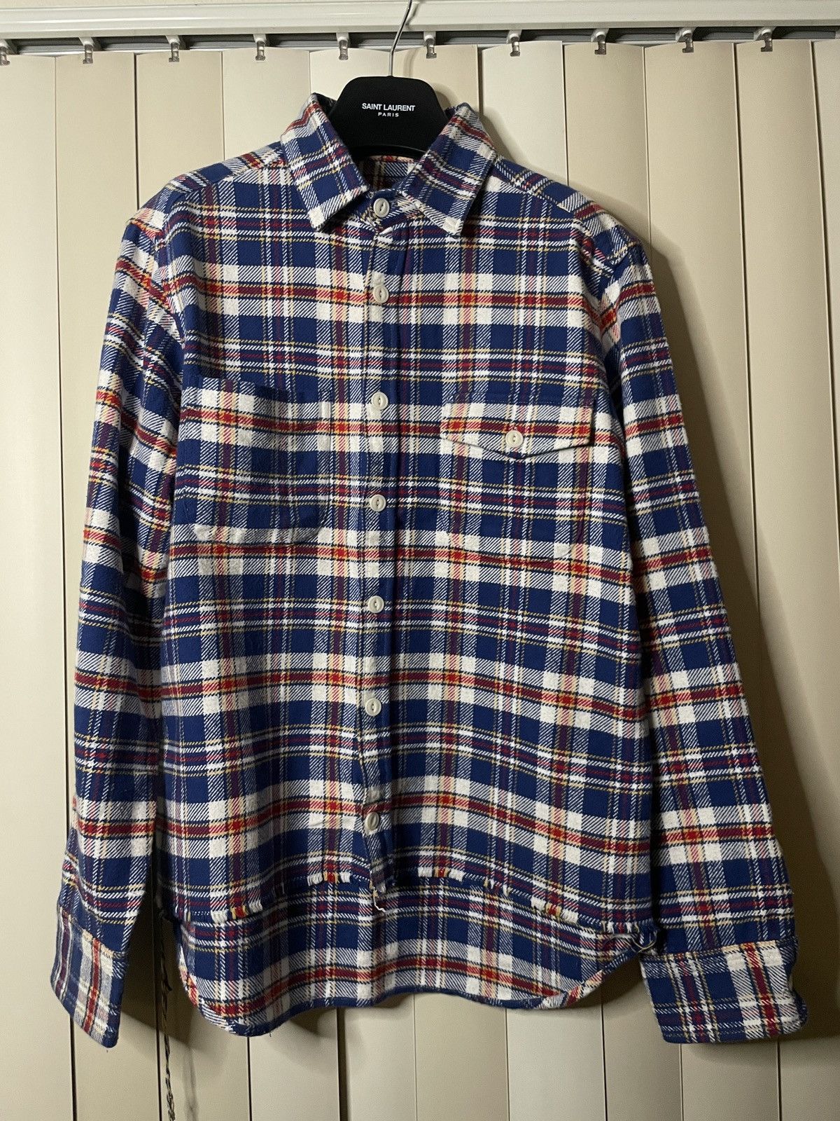 image of 00S Thrashed Grunge Blue Red White Plaid Flannel, Men's (Size Medium)