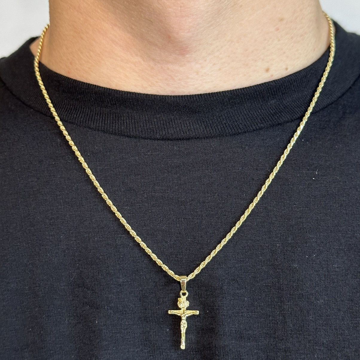 Jewelry Gold Chain 14k Gold Vermeil Rope Chain And Cross Set 2mm 20” Size ONE SIZE - 1 Thumbnail