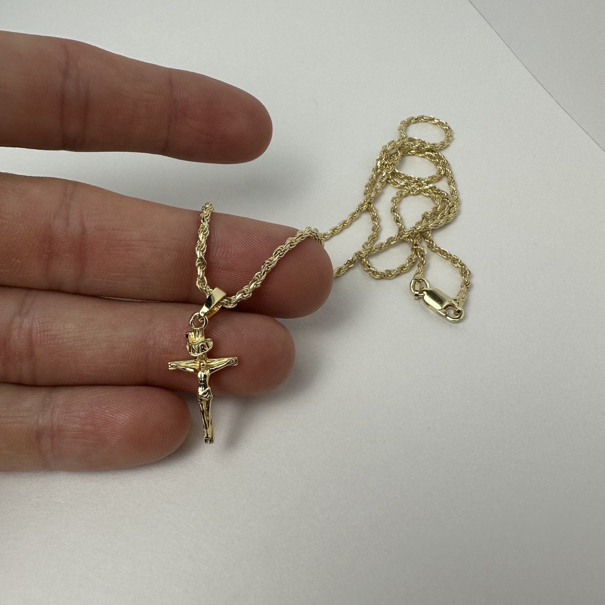 Jewelry Gold Chain 14k Gold Vermeil Rope Chain And Cross Set 2mm 20” Size ONE SIZE - 3 Thumbnail