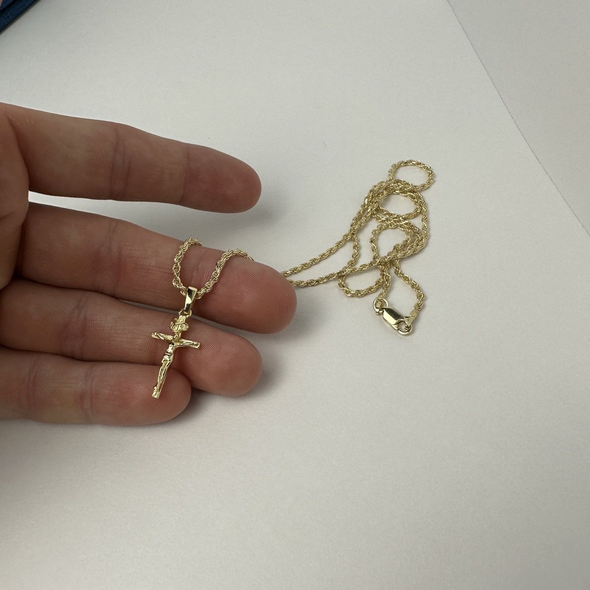 Jewelry Gold Chain 14k Gold Vermeil Rope Chain And Cross Set 2mm 20” Size ONE SIZE - 2 Thumbnail
