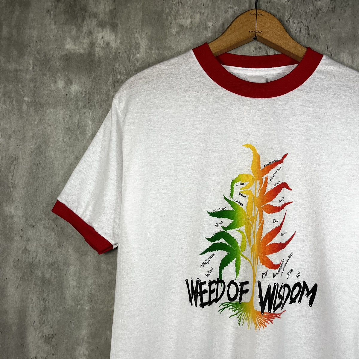 Vintage 80s Weed of Wisdom Ringer Tee Shirt Marijuana Ganja 