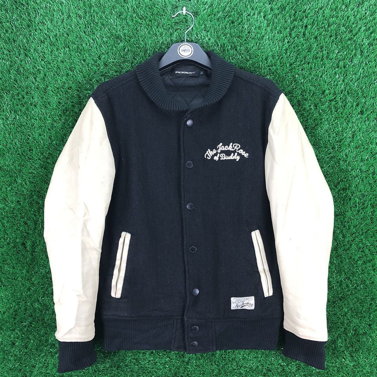 image of Jack Rose x Varsity Jacket Vintage 90's Jackrose Varsity Jacket Wool Leather Sleeve in Black/Cream 