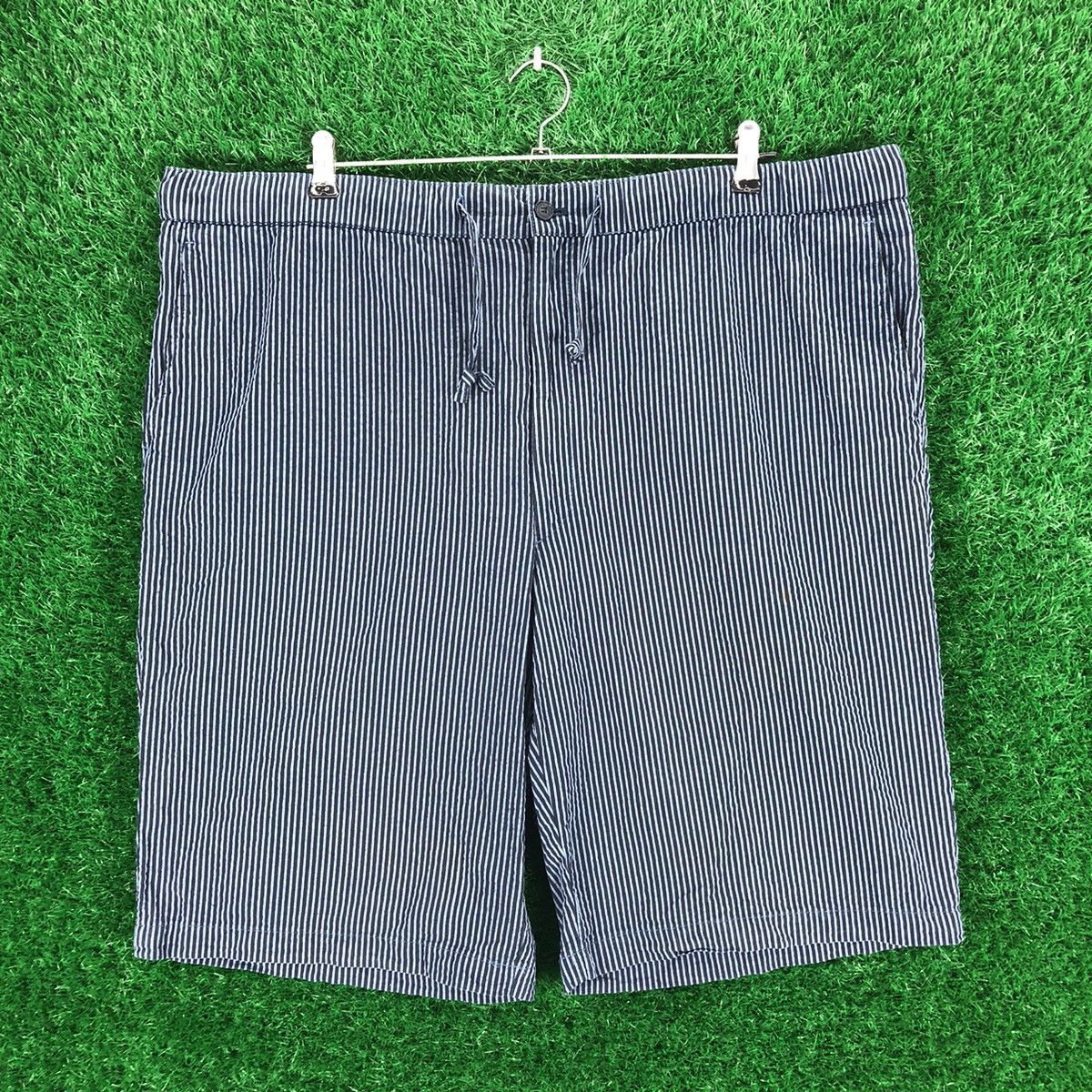 image of Vintage YVES Saint Laurent Pour Homme Striped Short Pants in Blue Stripe, Men's (Size 40)