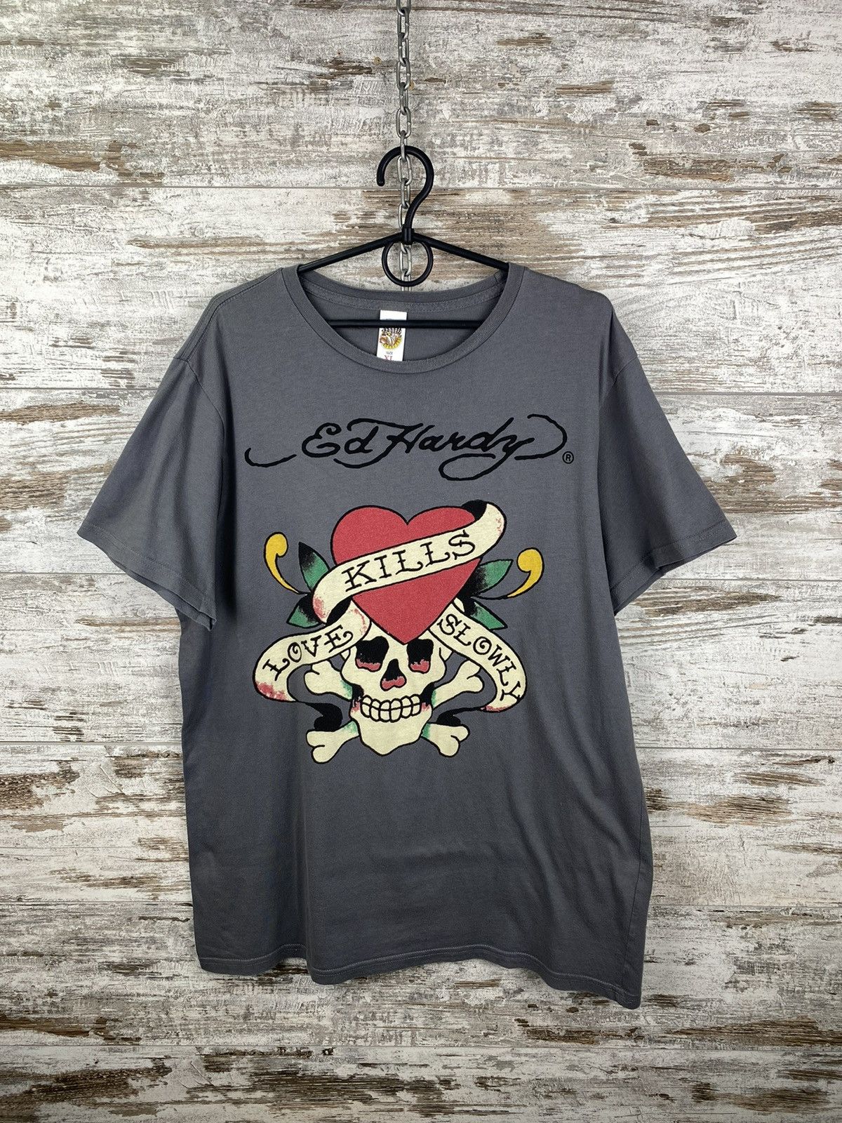 Pre-owned Ed Hardy X Vintage Mens Vintage Ed Hardy T Shirt By Christian Audigier Y2k In Grey