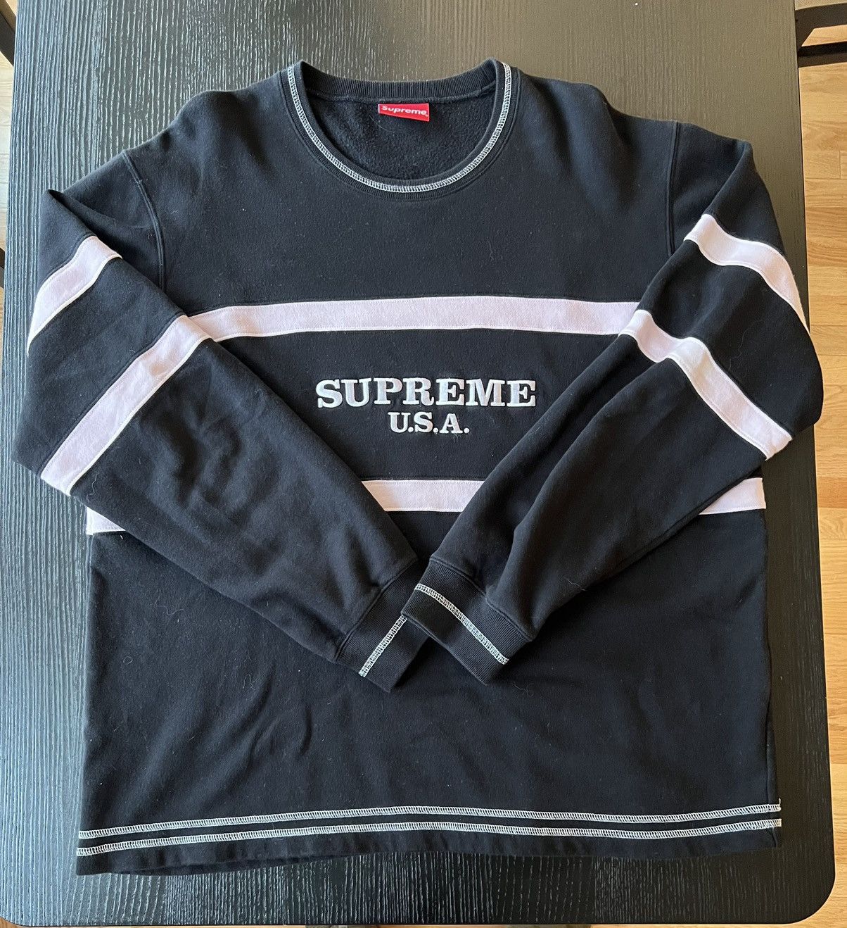 Supreme Supreme CENTER STRIPE CREWNECK Black/White FW16 XL | Grailed