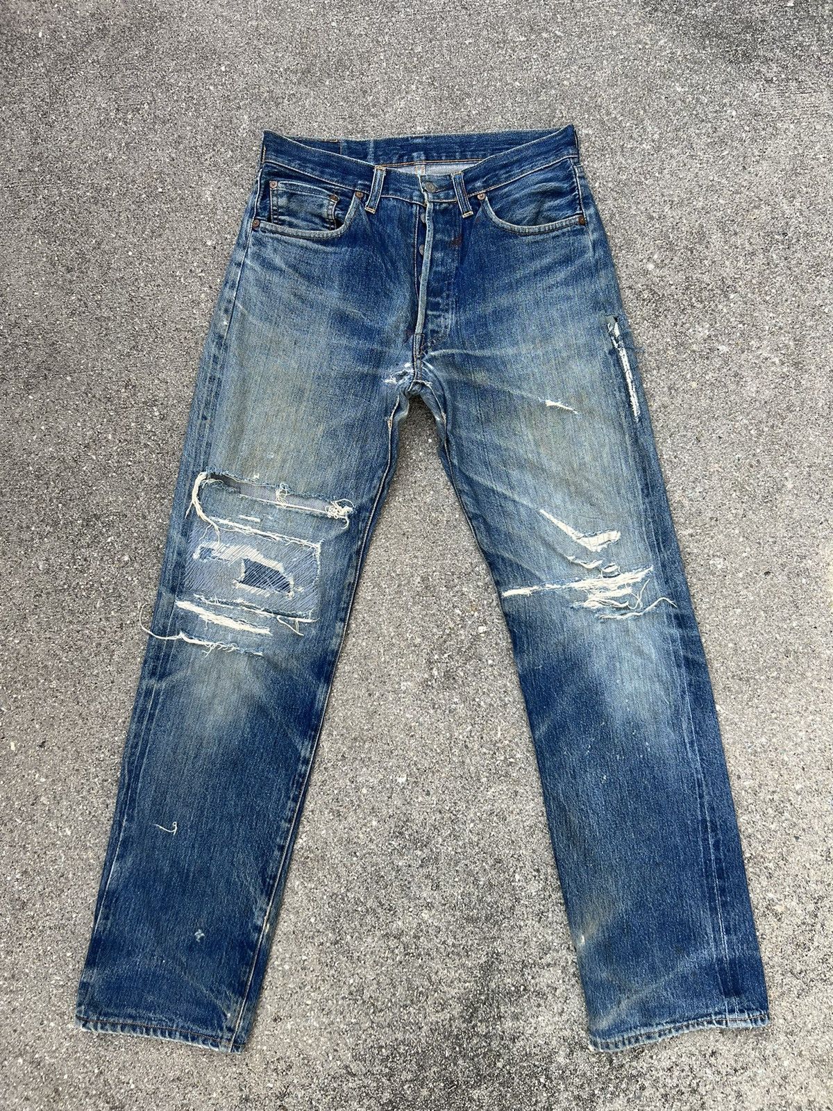 VTG 90s Levi's 501XX #555 Rips Damaged Denim Selvedge Jeans
