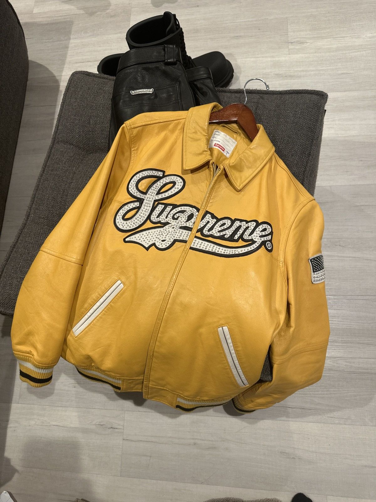 Supreme Uptown Studded Leather Varsity Jacket In Yellow