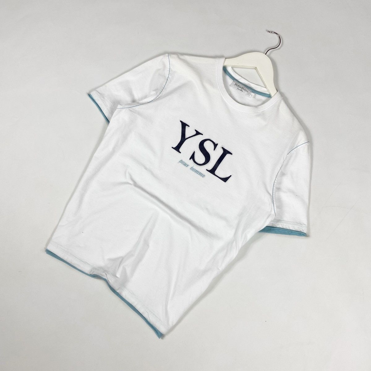 Vintage × Yves Saint Laurent Yves Saint Laurent pour home t-shirt tee big logo Size US L / EU 52-54 / 3 - 1 Thumbnail