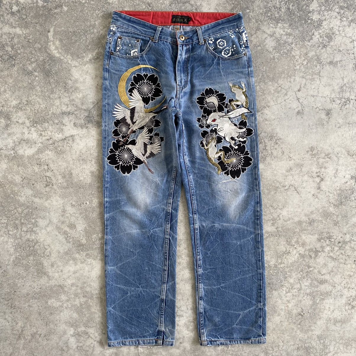 Karakuri Tamashii Karakuri Tanmashii Style Fugutaiten Embroidered Tattoo Jeans Size US 32 / EU 48 - 1 Thumbnail