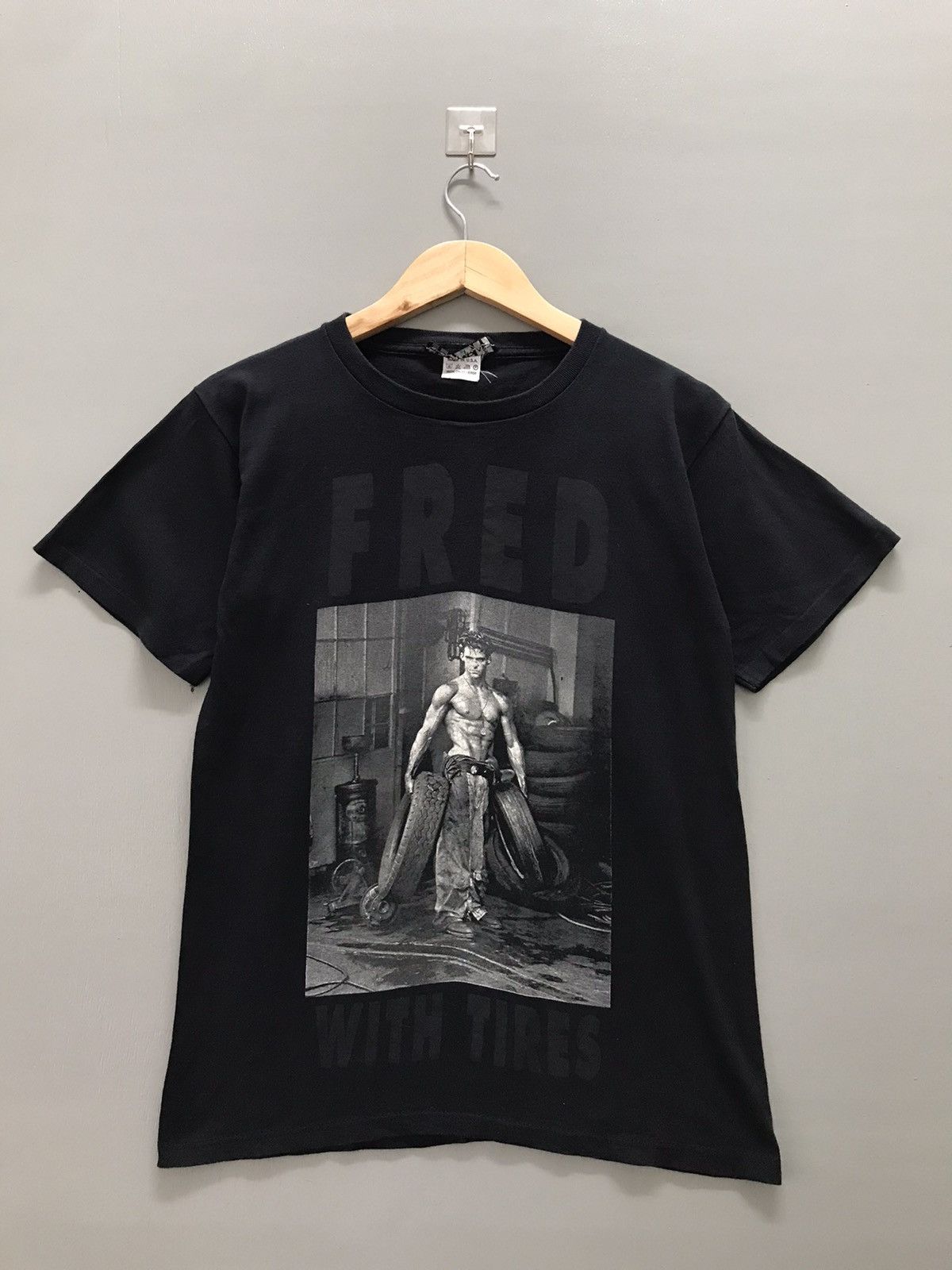 image of Art Vintage 1984 Herb Ritts “Fred With Tires” Photograph T-Shirt in Black, Men's (Size Small)